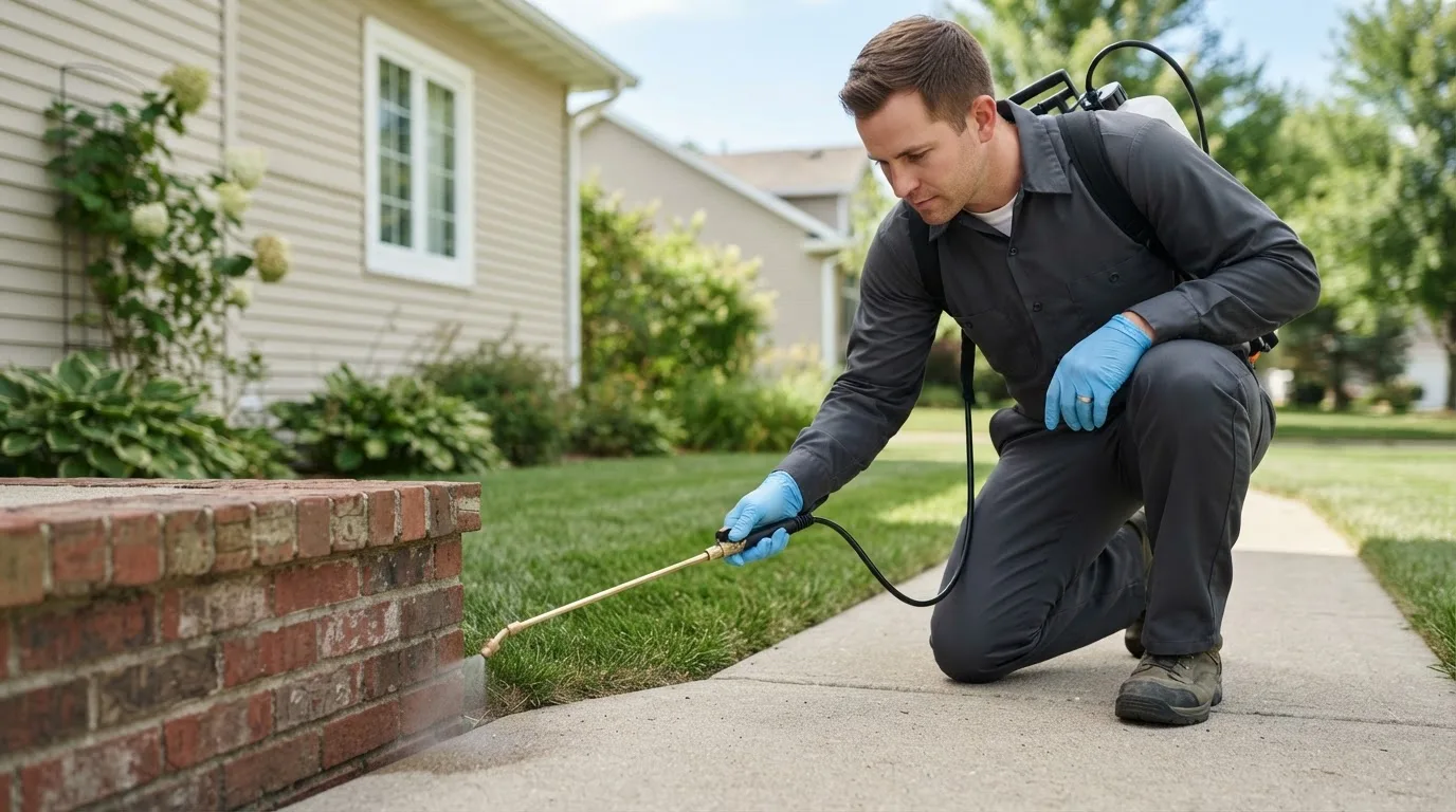 Pest control technician treating a home near Claypool, IN